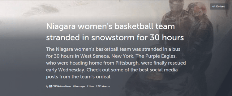 Storify con los tweets de las jugadoras de Niagara Unversity atrapadas en una tormenta de nieve